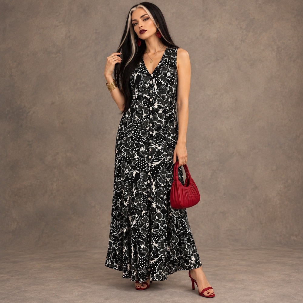 Vintage 90s JBS Ltd Floral Polka Dot Button Down Maxi Dress 18W